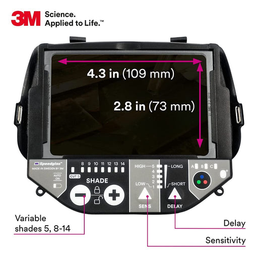 Interior viewing of 3M Speedglas G5-01 auto darkening filter lens showing variable shades, delay, and sensitivity.