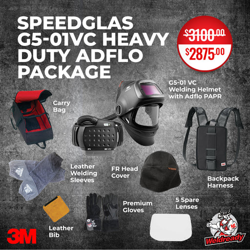 promotional image  for the speedglas g5-01 welding helmet showing carrying bag, leather sleeves, backpack harness, FR head cover, leather bib, welding gloves, and outer lenses