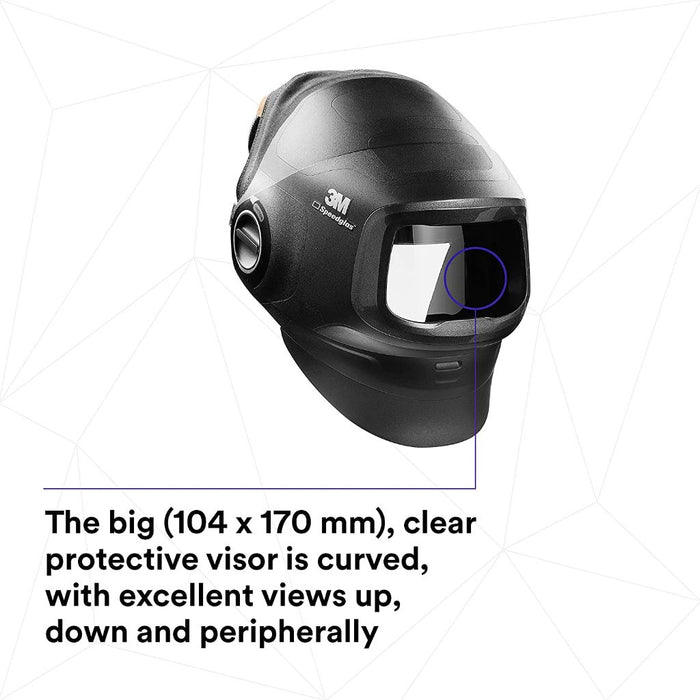 infographic of 3m speedglas g501 welding helmet angled right stating there is a 104x170mm viewing area