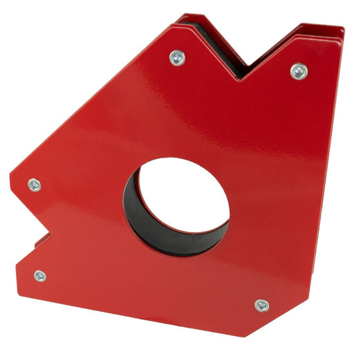 large red magnet with 90 degree angle and a hole in middle for holding round pipe