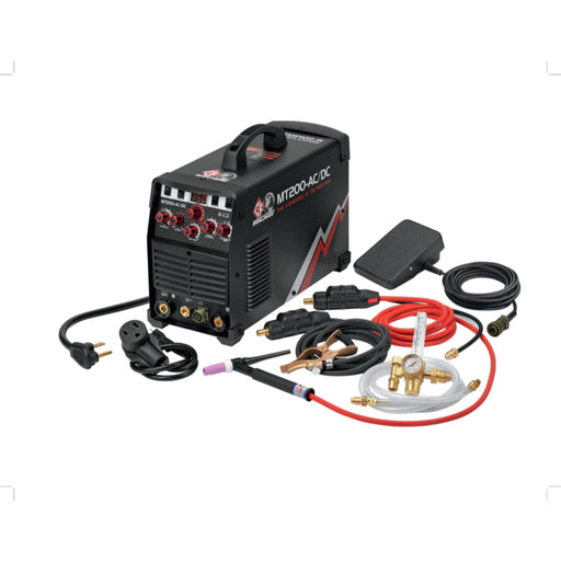 CK worldwide mt200 ac/dc tig welder package showing machine, tig torch, foot pedal, ground clamp, argon flow meter, and 110v adapter