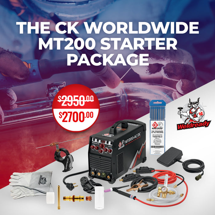 Promotional image for CK worldwide MT200 tig welder which includes MT200 machine, tig welding gloves, pyrex cup, EZ Dabber, and tungsten