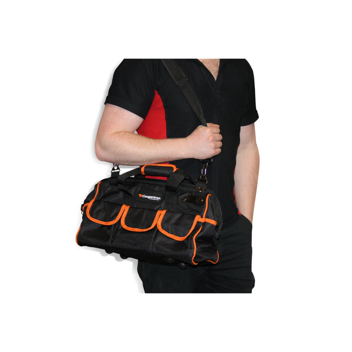 cougartron carrying bag over shoulder of model