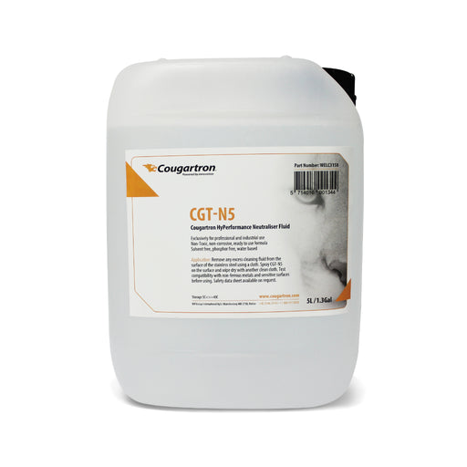 front view of 5 liter jug of cougartron CGT-N5 High performance post weld cleaning and polishing neutralizing solution