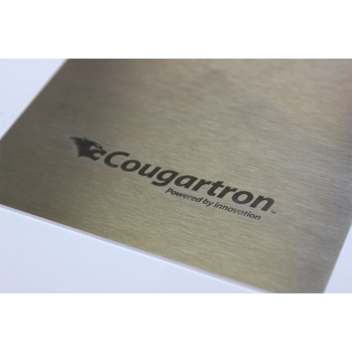 sheet of stainless steel with cougartron logo etched in to it