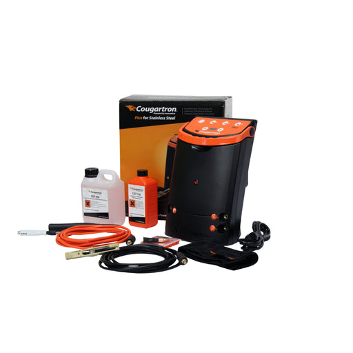 cougartron plus weld cleaner full  package showing box weld cleaning solution and cleaning brushes