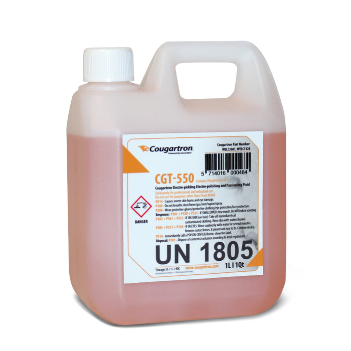 1 liter jug of cougartron CGT-550 electrochemical weld cleaning and electropolishing solution