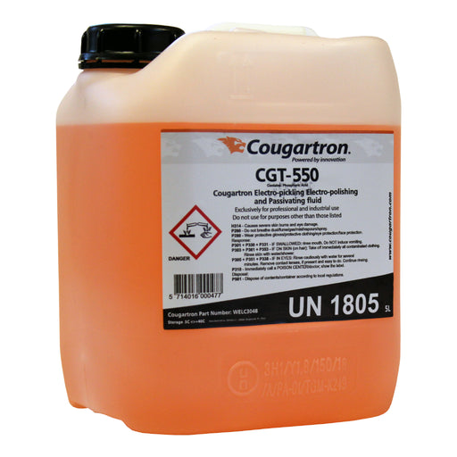 5 liter jug of cougartron CGT-550 electrochemical weld cleaning and electropolishing solution