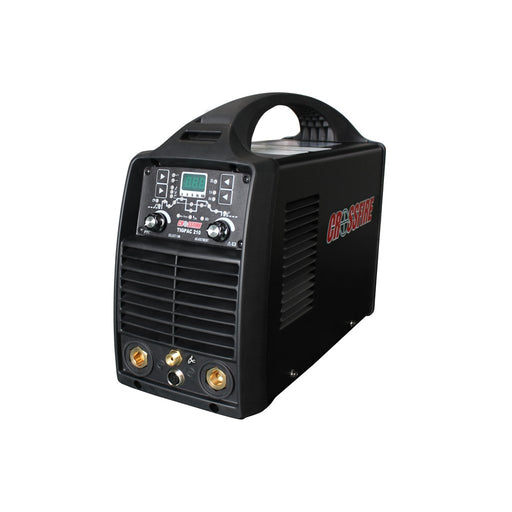 crossfire tigpac 210 ac/dc tig welder machine only showing control panel, carrying handle, and dinse connections