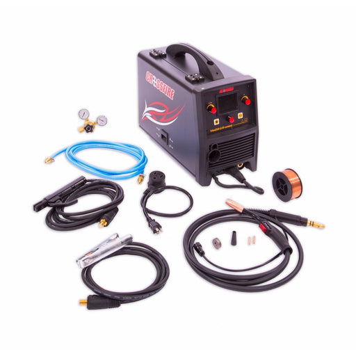 Crossfire Trion 210 multi process mig welder package, showing MIG torch, stick electrode holder, argon flow meter, and ground clamp.