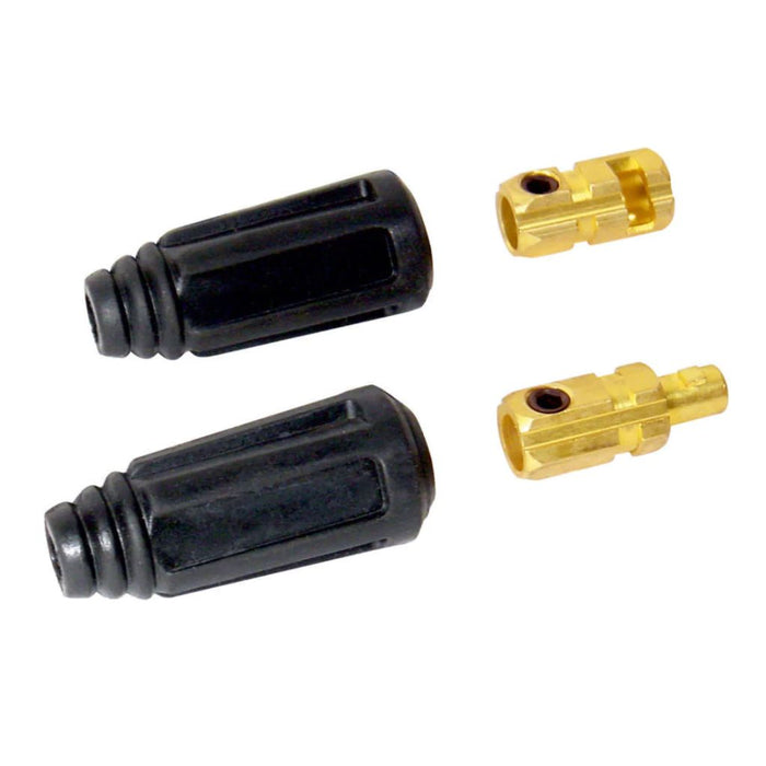 Dinse 25 cable conenctor male and female halves showing both plastic housing and brass dinse 25 connection