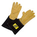 ESAB Curved leather tig welding gloves. Yellow and black leather with kevlar stitching showing esab logo