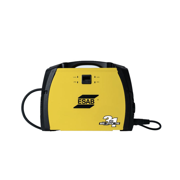 side angle of esab emp 210 welder showing 3 in 1 mig tig stock logo and place to put mig wire