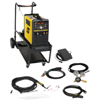 ESAB ET 186i AC/DC multi process TIG and stick welder cart package, showing welding machine, ground clamp, argon flow meter, TIG torch, stick electrode holder, control pedal, and cart