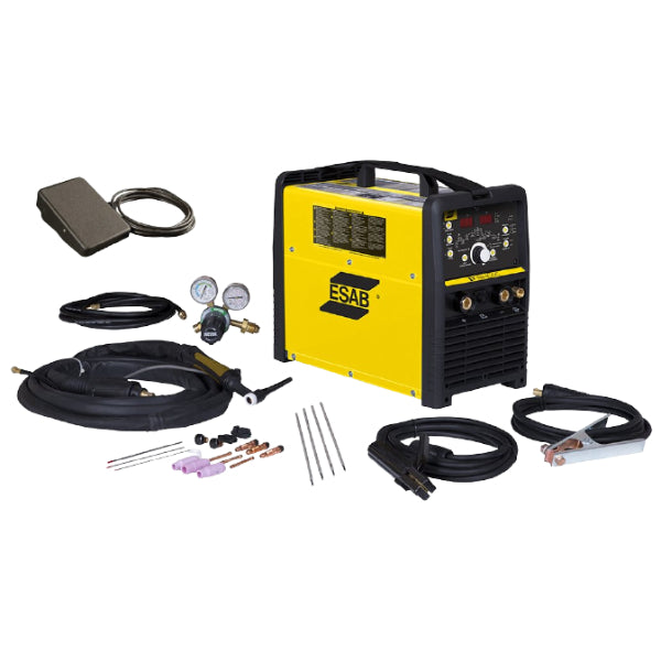 ESAB ET 186i AC/DC multi process TIG and stick welder pedal package, showing welding machine, ground clamp, argon flow meter, TIG torch, stick electrode holder, and control pedal