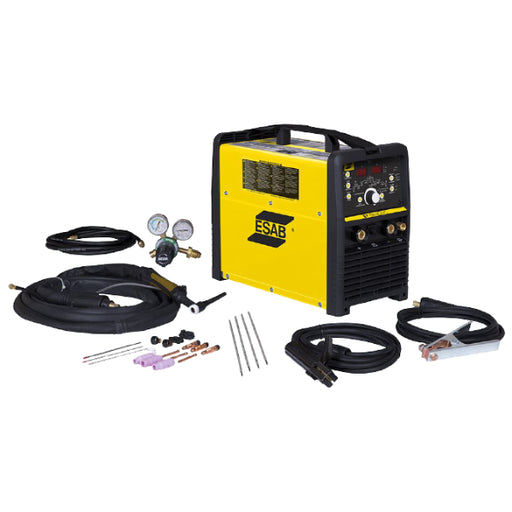 ESAB ET 186i AC/DC multi process TIG and stick welder package, showing welding machine, ground clamp, argon flow meter, TIG torch, and stick electrode holder