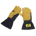 ESAB curved leather MIG welding gloves with kevlar stitching. Yellow and black leather showing ESAB logo