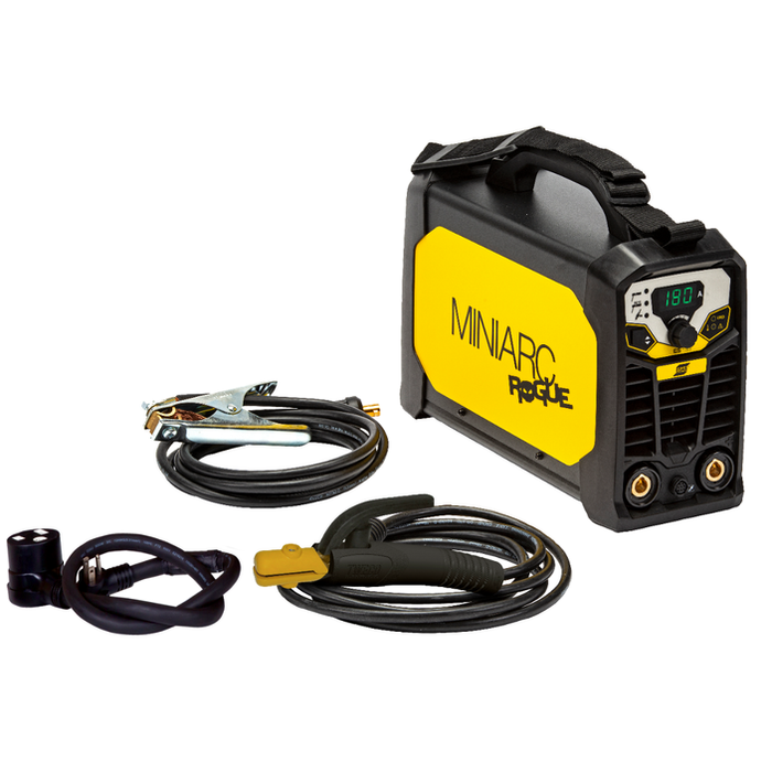 esab rogue 180 portable stick welder showing ground clamp stinger and 110 adapter