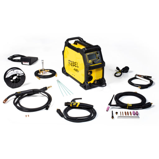 ESAB Rebel EMP 205ic multiprocess welder package showing tig torch, foot pedal, mig torch, stick electrode holder, argon flow meter, ground clamp, and TIG consumables