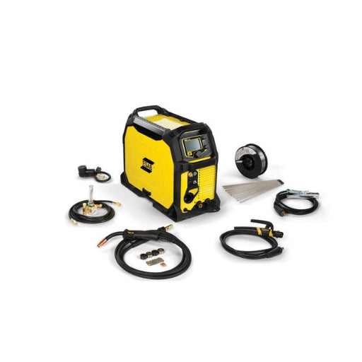 ESAB Rebel EMP 235ic multiprocess welder package, showing MIG torch, argon flow meter, stick electrode holder, and ground clamp 