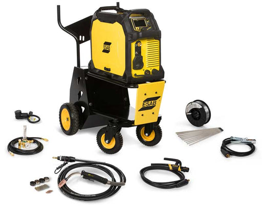esab rebel emp 285ic multi process package showing mig torch, stick electrode holder, argon flowmeter, and ground clamp