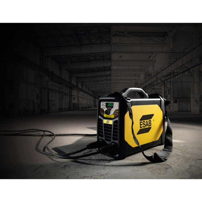 esab rogue 180 in a dark room showing the shoulder strap for carrying