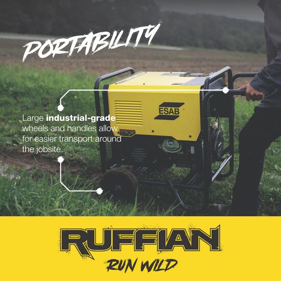 esab ruffian infographic showing a man wheeling the generator in a field to show portability