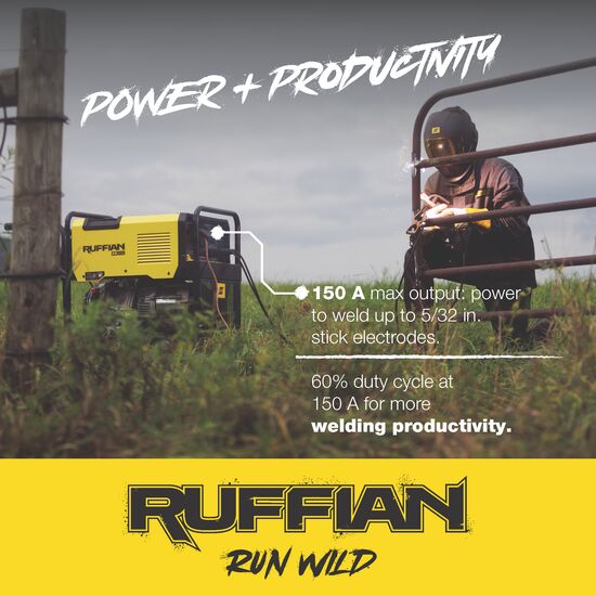 infographic of a welder repairing a fence with esab ruffian in a farmer field