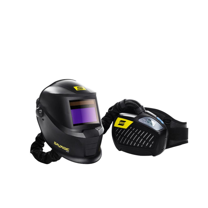 esab savage a40 papr welding helmet with papr respirator side angle