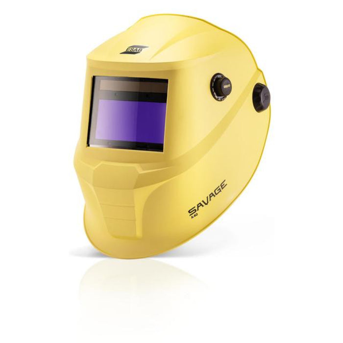 45 degree angle view of yellow esab savage a40 welding helmet
