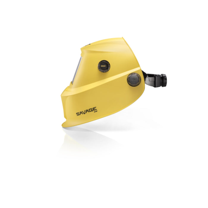 side view of yellow esab savage a40 welding helmet