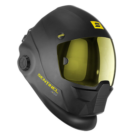 esab sentinel a50 black welding helmet showing external grind button