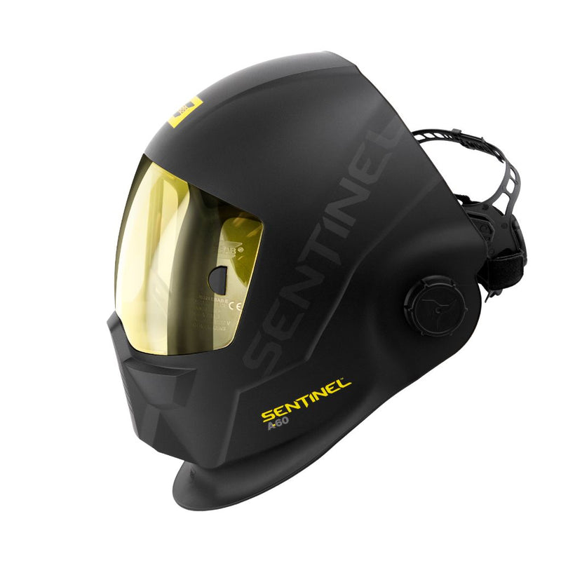 side view of esab sentinel a60 welding helmet showing headgear controls