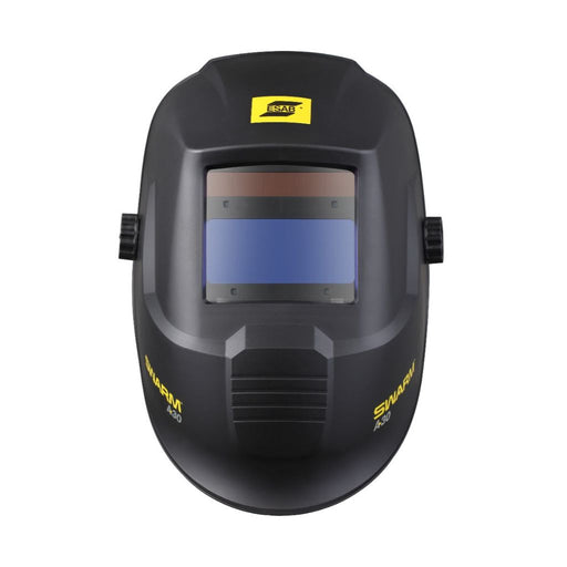ESAB Swarm A30 welding helmet front view, displaying name and logo.