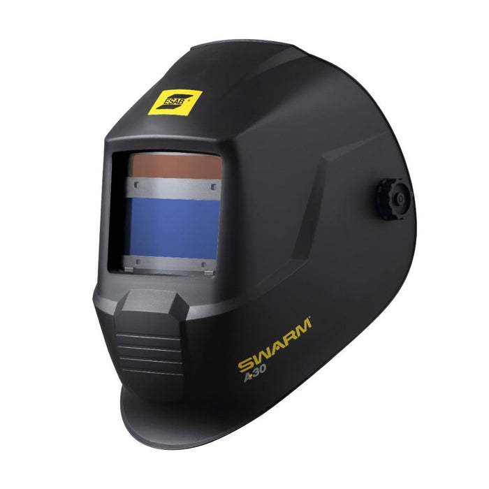 ESAB Swarm A30 welding helmet angled, showing name and logo