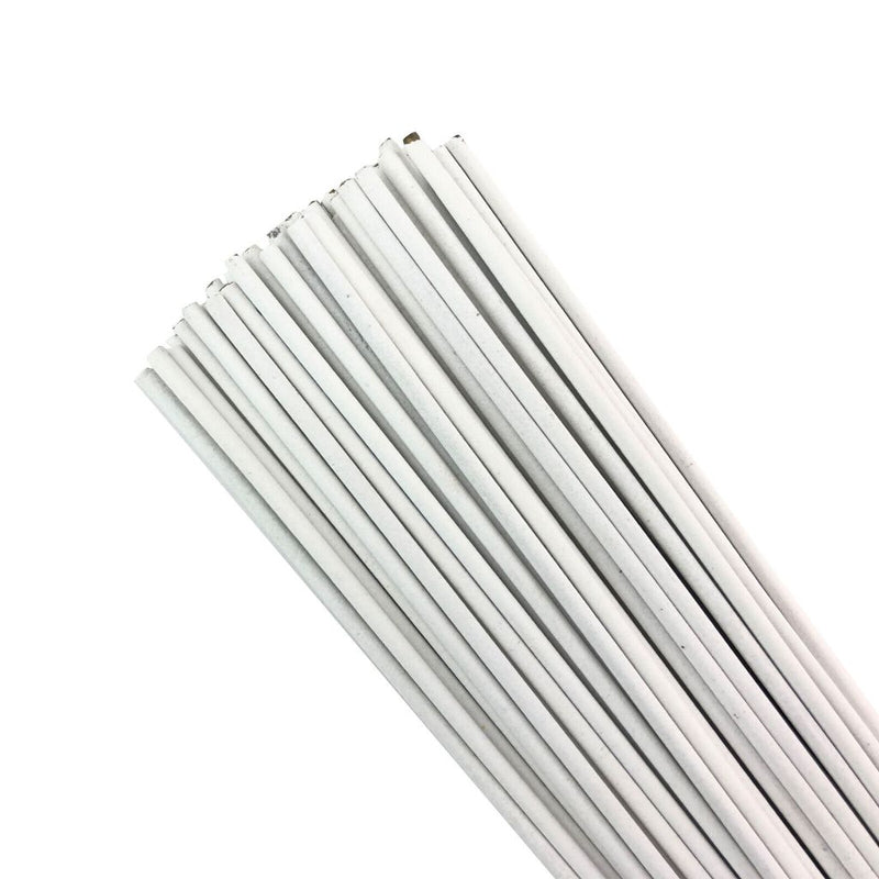 bronze rods with a white flux coating spread out in an array no case