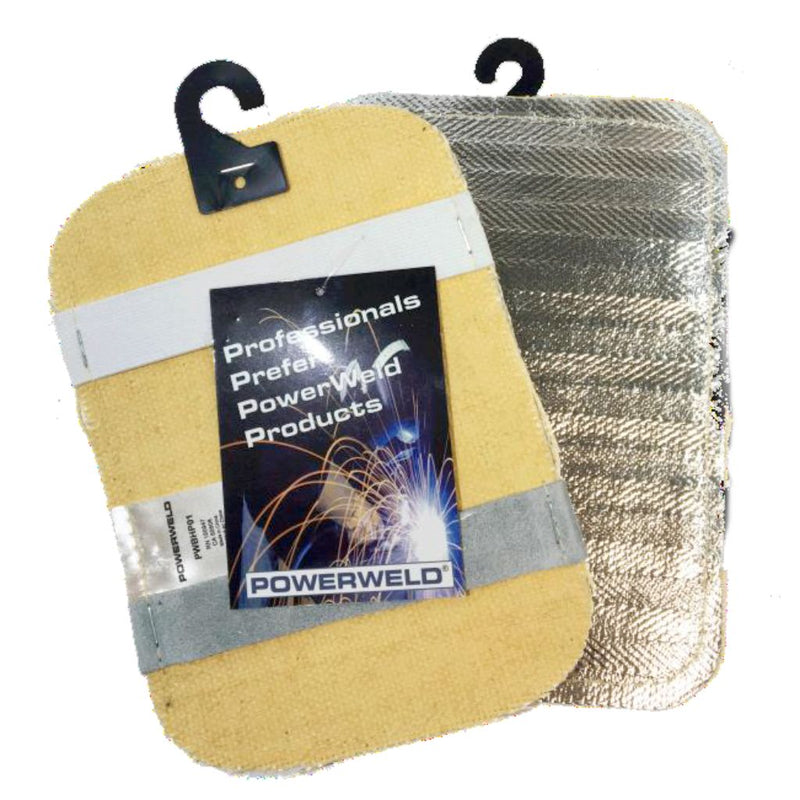 Two back hand pads on top of eachother, one showing aluminzed heat reflective coating, the other showing two straps to loop hands through