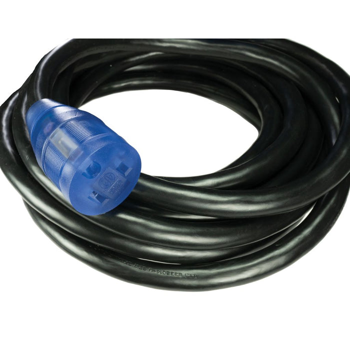 tightly coiled black rubber extension with female end of nema 6-50 plug