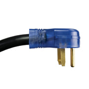 side angle of male end of welders extension cord showing how it connects to black cable