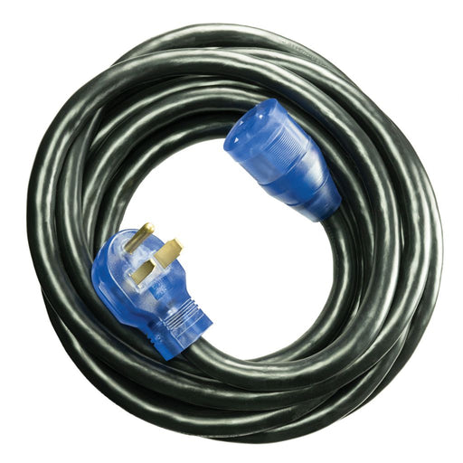 heavy duty extension cord for welder showing black coiled cable as well as male and female ends of 240v plug