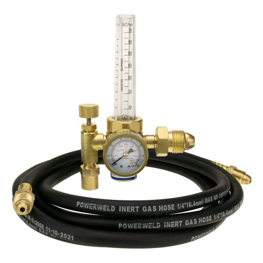inert gas regulator flowmeter with machined brass fittings coiled black argon hose and metal ball in cylinder visible - centered