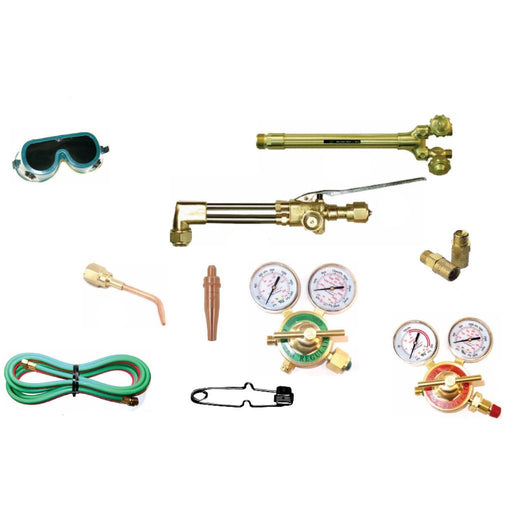 display of contents of metalmaster victor style oxy acetyelene torch kit including cutting torch, handle, oxygen regulator, acetylene regulator, gas hose, welding tip, cutting tip, flint striker, and goggles