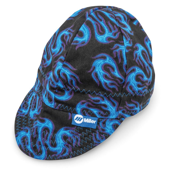 miller welders cap with blue flame decals all over it