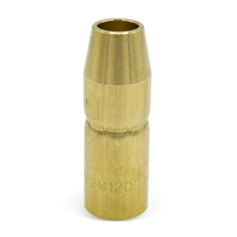 brass mig nozzle for miller mdx-100 mig gun standing upright showing NS-M1200B part number stamped on bottom