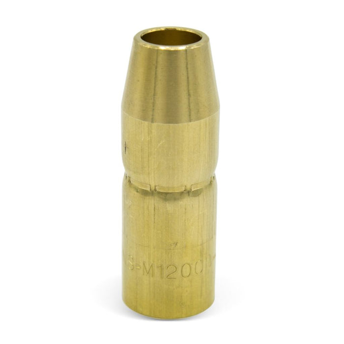 brass mig nozzle for miller mdx-100 mig gun standing upright showing NS-M1200B part number stamped on bottom