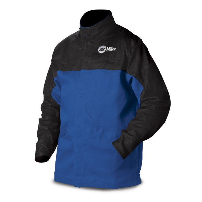 black and blue miller welding jacket made of flame retardant indura fabric and leather