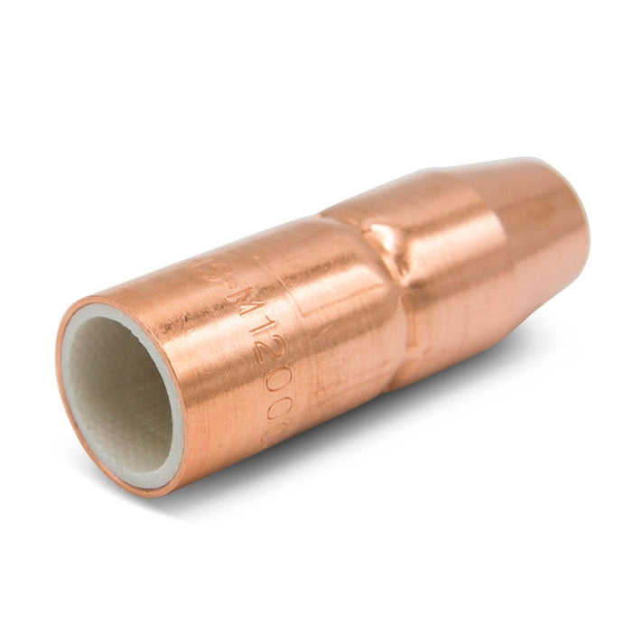 copper mig nozzle for miller mdx-100 mig gun standing upright showing NS-M1200C part number stamped on bottom