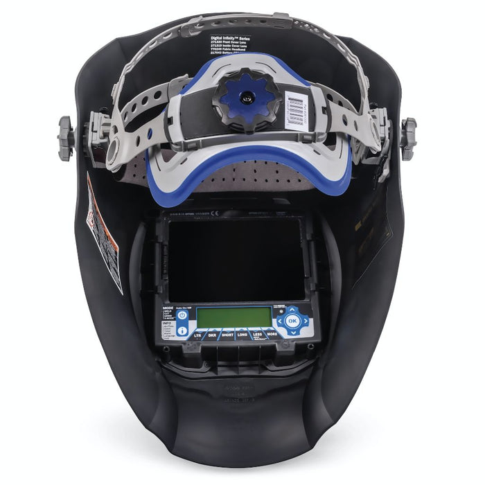 inside view of miller digital infinity welding helmet showing lens, controls, and headgear