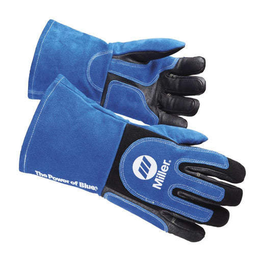 pair of blue miller mig stick welding gloves showing right hand back and left hand palm