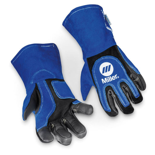 pair of heavy duty blue miller welding gloves showing right hand palm and left hand back